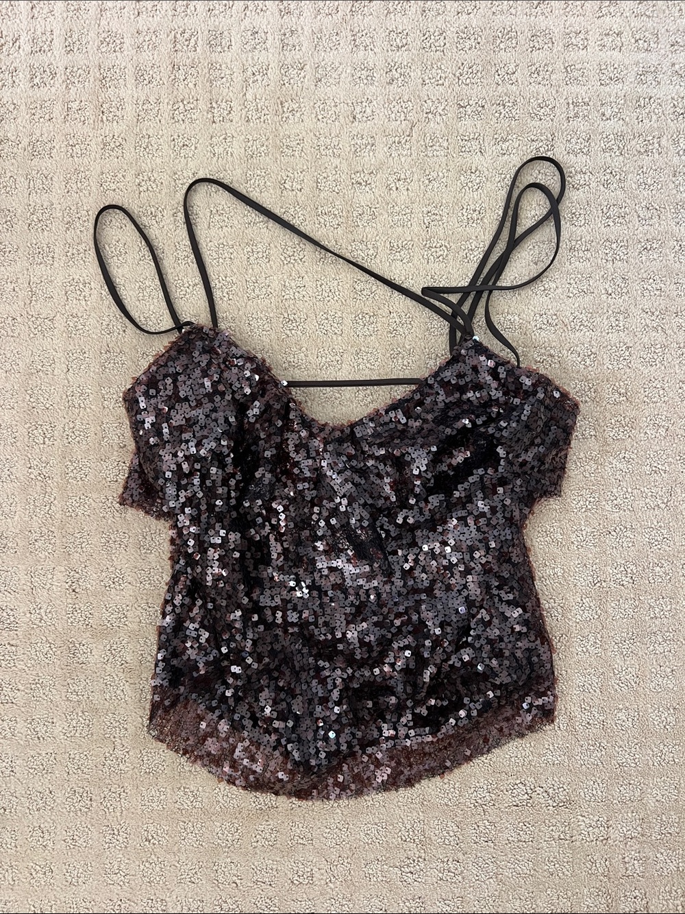 Sequin Cami Top with Spaghetti Straps - Brown